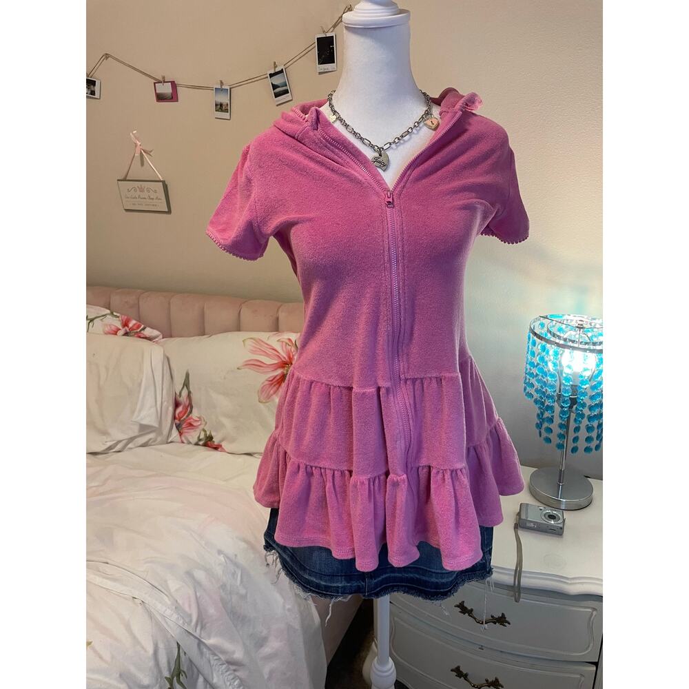 (Sold)pink terry cloth ruffle trim zip up hoodie
